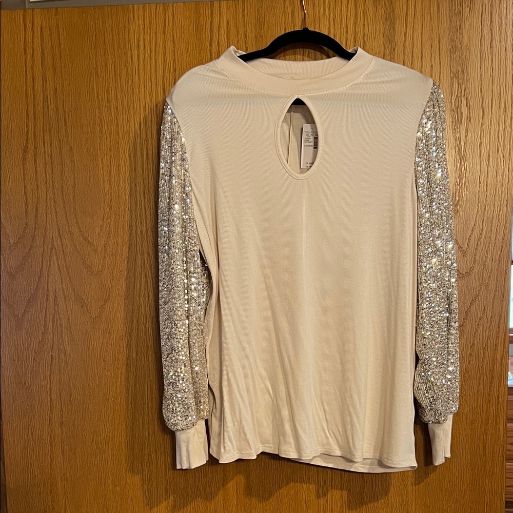 Maurices Cream Top with Silver Sequin Sleeves